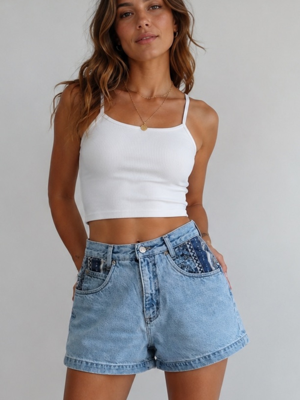 Vintage 90s Palmettos High-Waisted Denim Shorts Tribal Waistband Patch Pocket